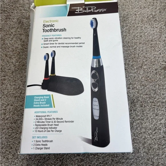 NIB Bella Russo Electric Sonic Toothbrush Charging Base 2 Extra Heads Deep Clean - Picture 2 of 4